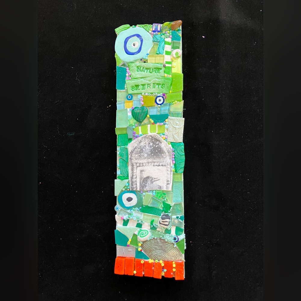 Handmade Mosaic Art” Nature Spirits”Polymer Clay Original On Wood  3.5”